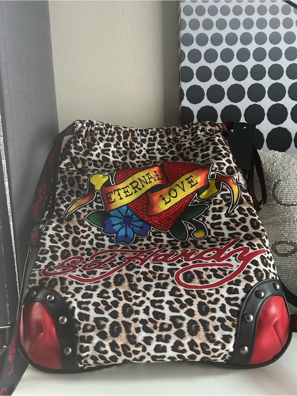 Ed Hardy Leopard Drawstring Backpack with Red and Yellow Accents